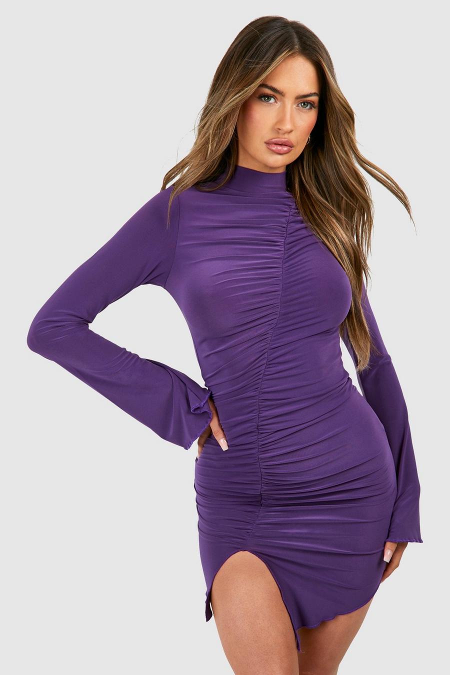 Plum Slinky Ruched Long Sleeve Bodycon Dress image number 1