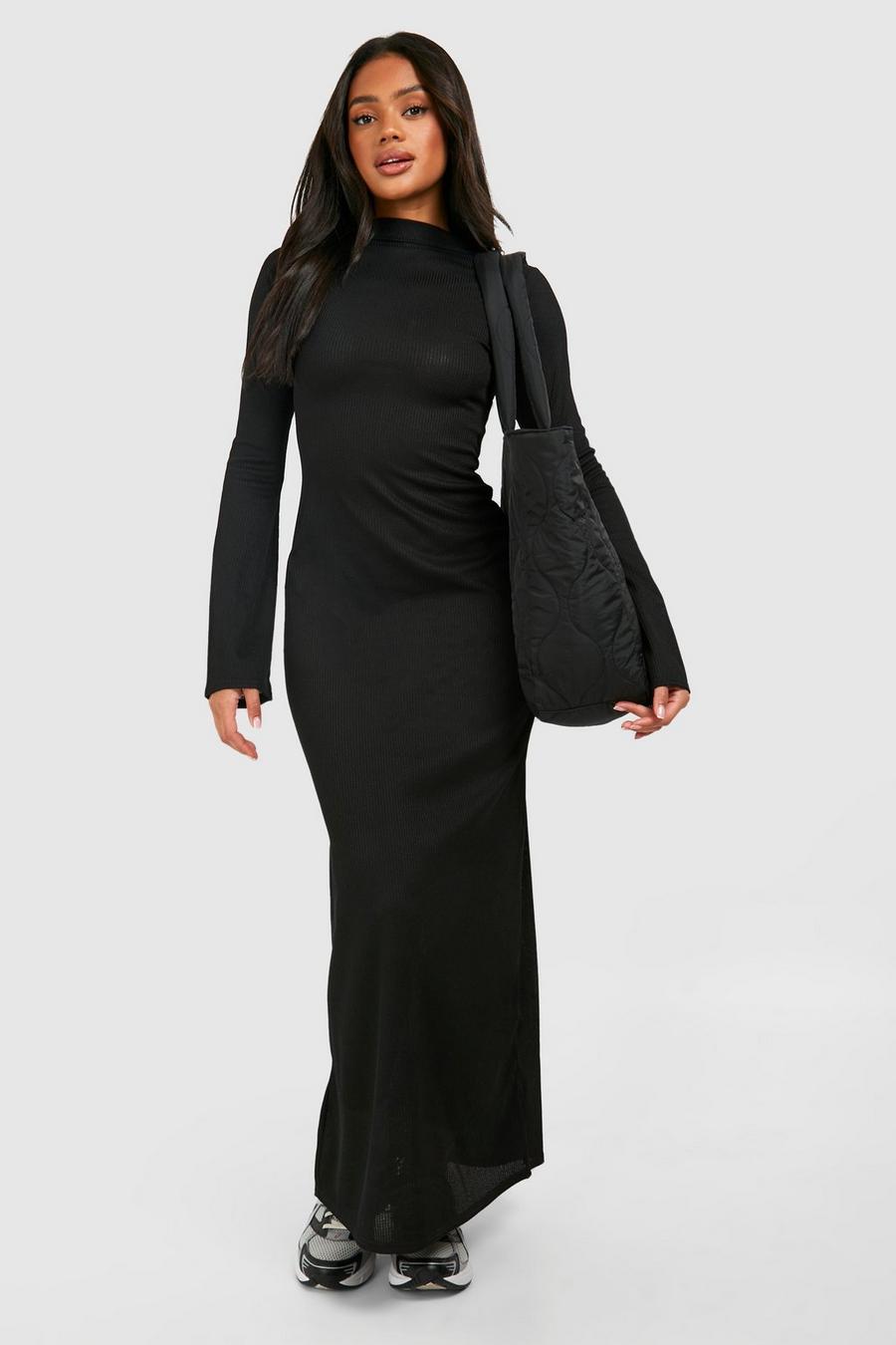 Black Ribbad långklänning med rund hals och utsvängd ärm image number 1