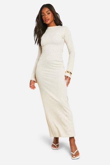 Crew Neck Rib Flared Sleeve Maxi Dress oatmeal