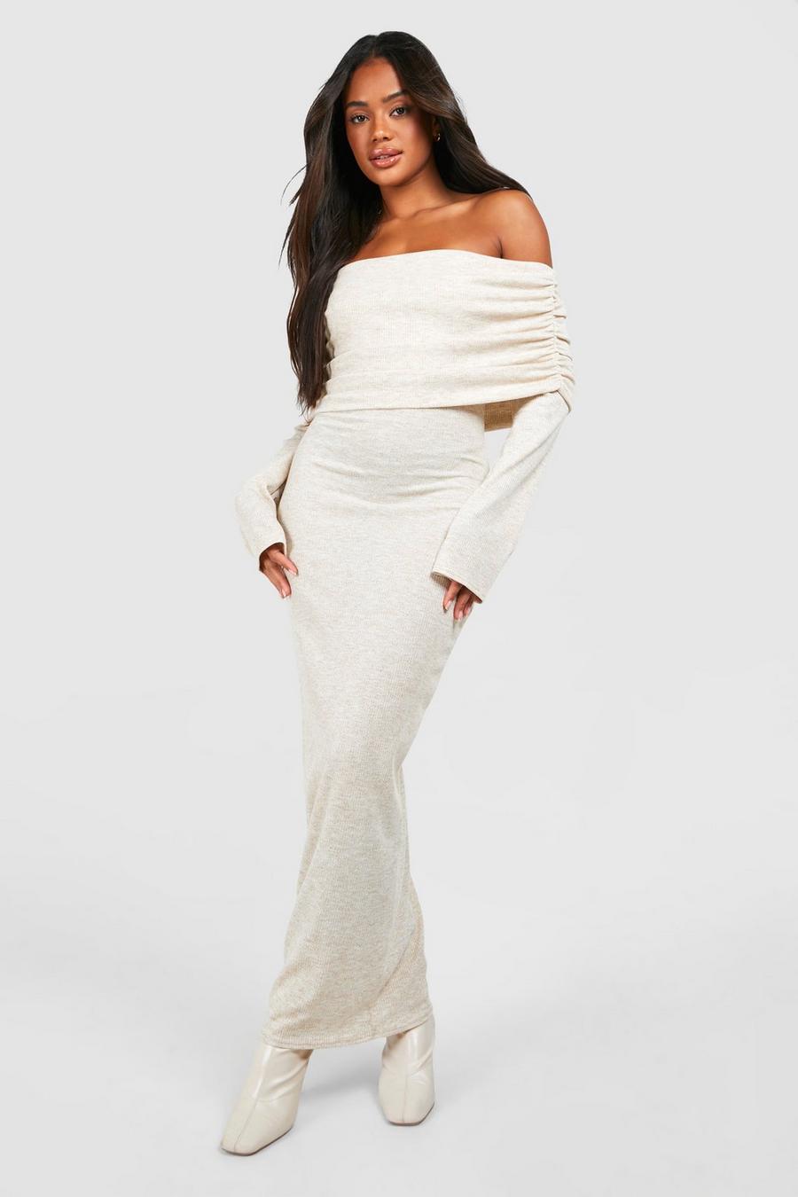 Oatmeal Off The Shoulder Ribbed Bodycon Maxi Dress image number 1
