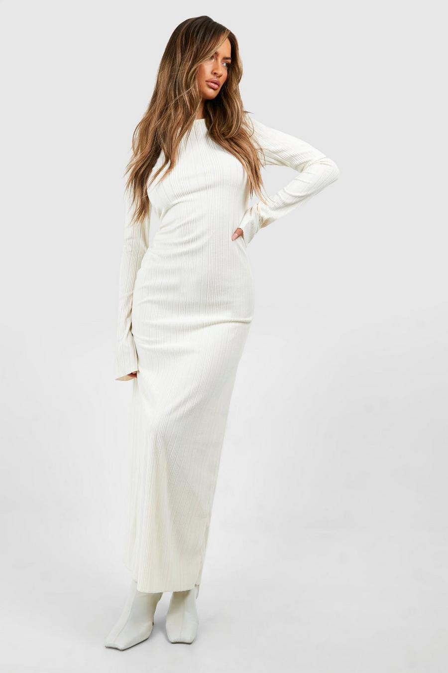 Cream Long Sleeve Ribbed Flared Maxi Dress image number 1