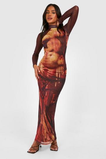 Brown Body Print Mesh Long Sleeve Maxi Dress