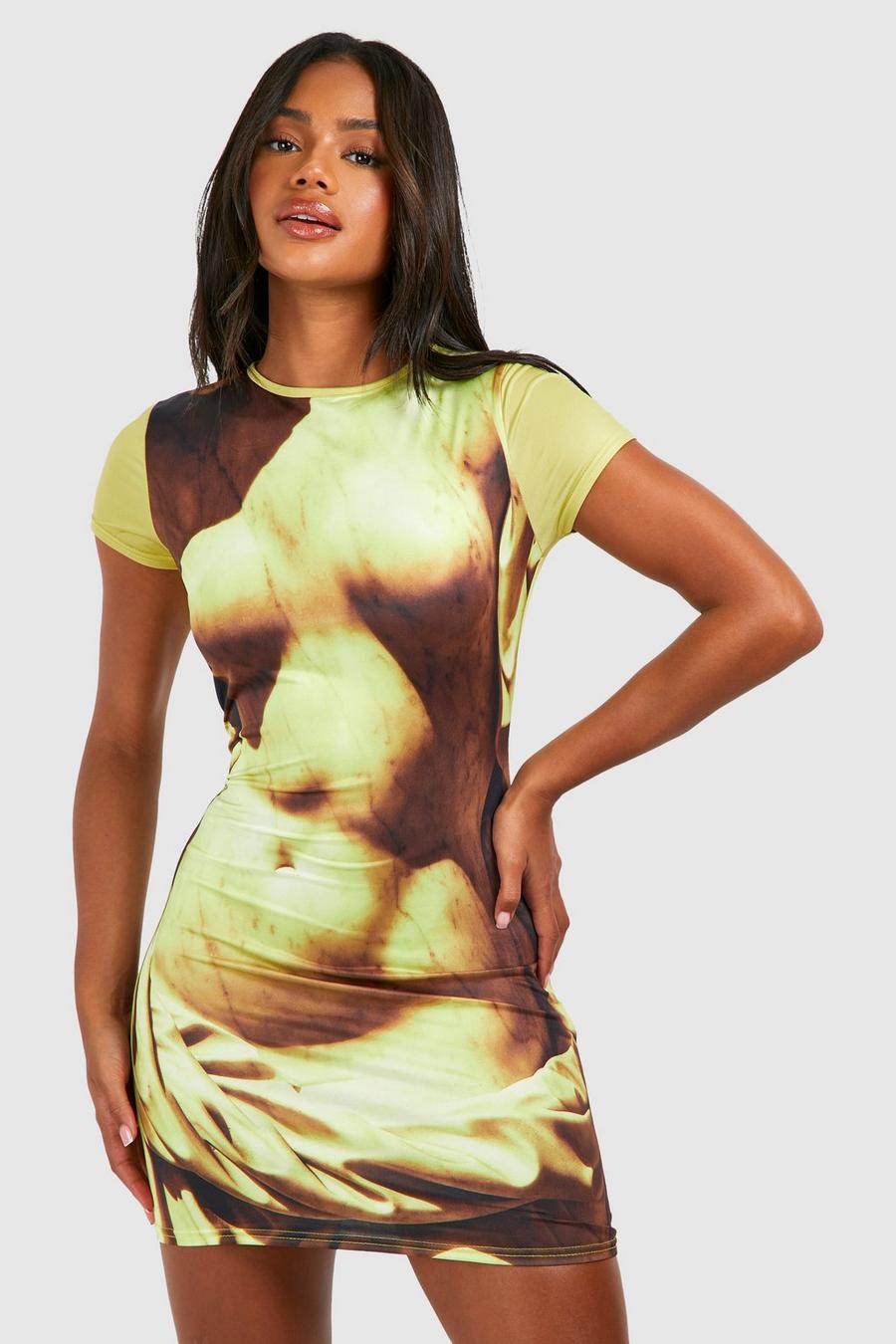 Chartreuse Body Print Slinky Short Sleeve Bodycon Dress