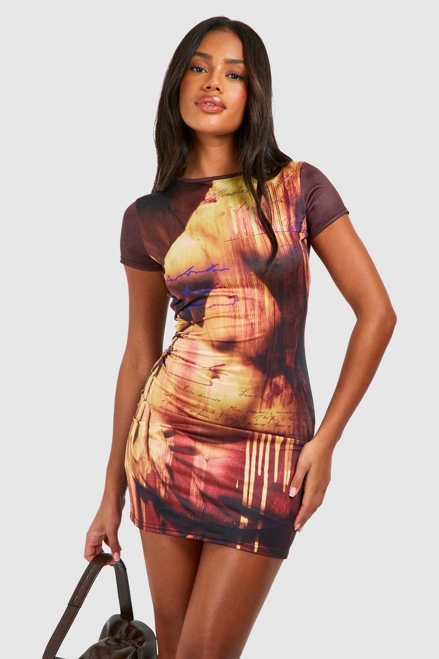 Kurzärmliges Bodycon-Kleid mit Body-Print, Brown image number 1