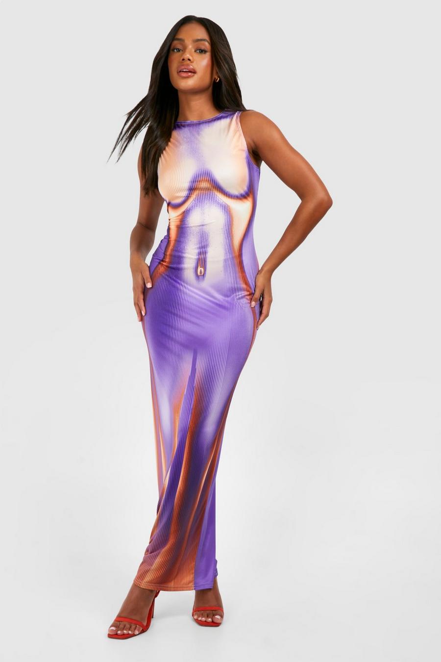 Vestito maxi smanicato seducente con stampa sul corpo, Purple image number 1