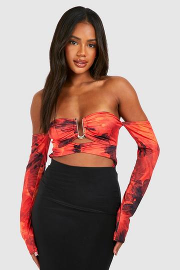 Off Shoulder Bloemen Bodysuit Met Gouden Zoom red