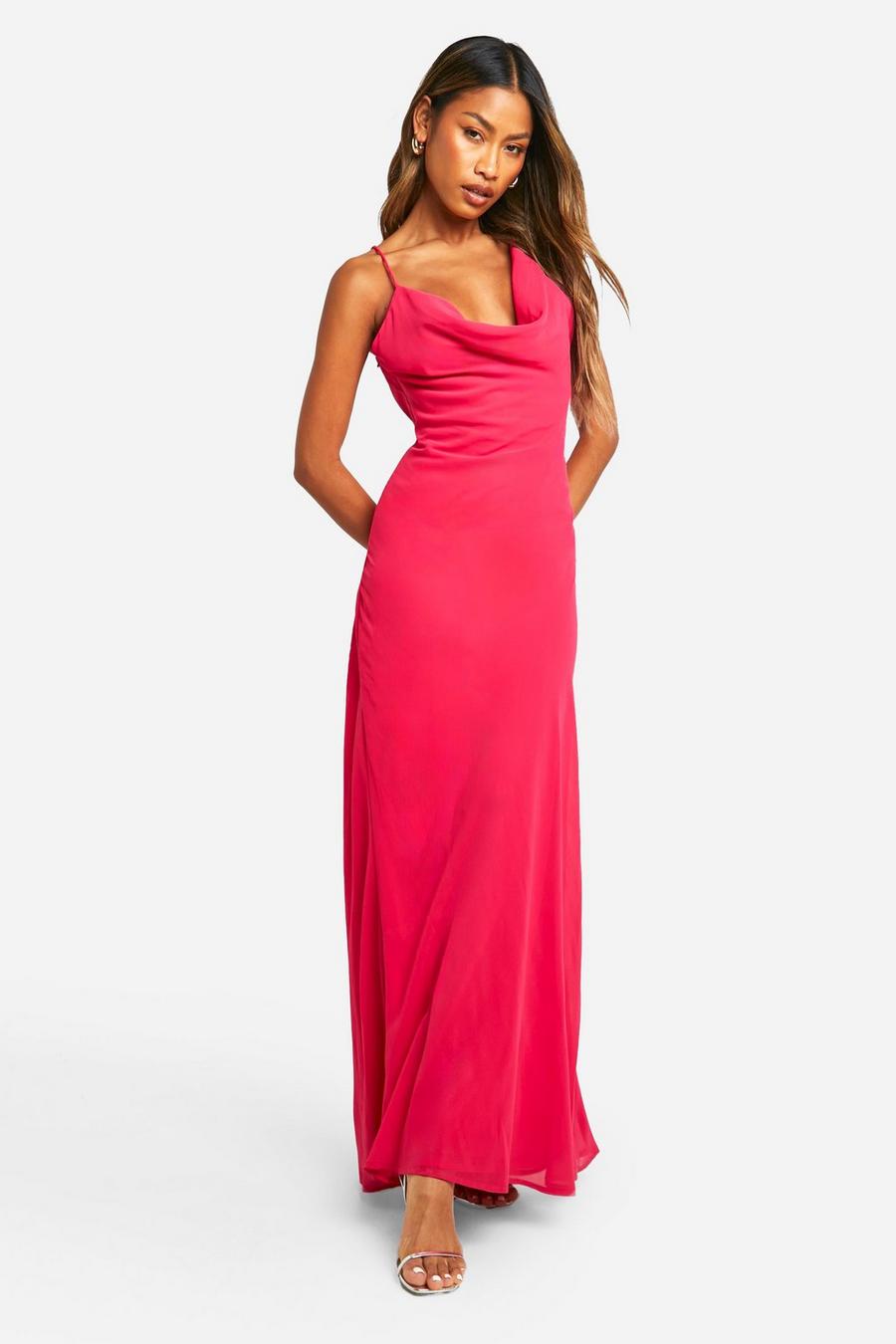 Magenta pink Cowl Neck Strappy Chiffon Maxi Dress image number 1
