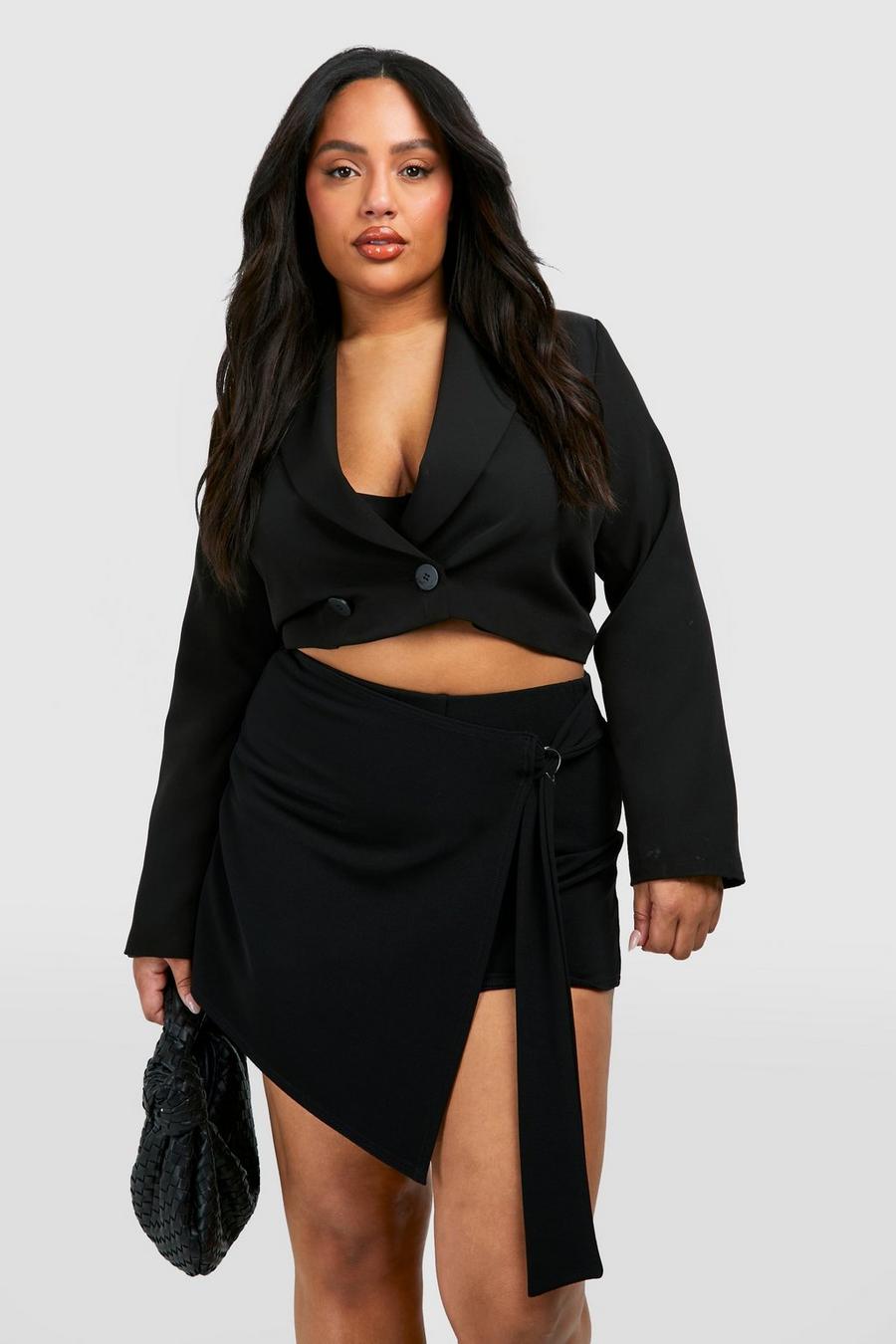 Grande taille - Mini-jupe côtelée à ceinture, Black image number 1