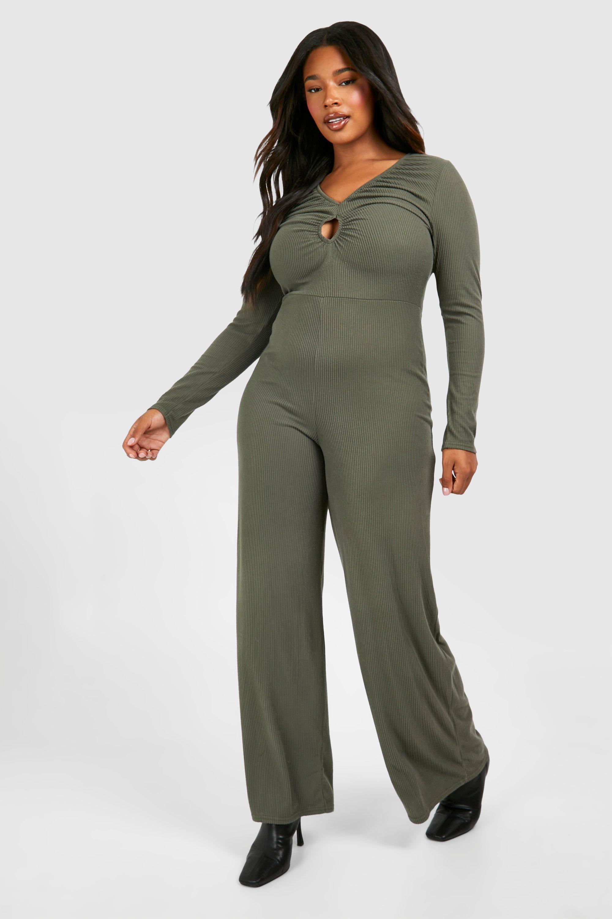 Boohoo Women s Plus Rib Key Hole Detail Wide Leg Jumpsuit Green