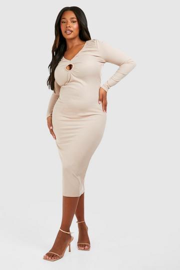 Stone Beige Plus Rib Key Hole Detail Long Sleeve Midi Dress