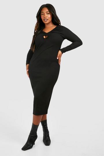 Plus Rib Key Hole Detail Long Sleeve Midi Dress black