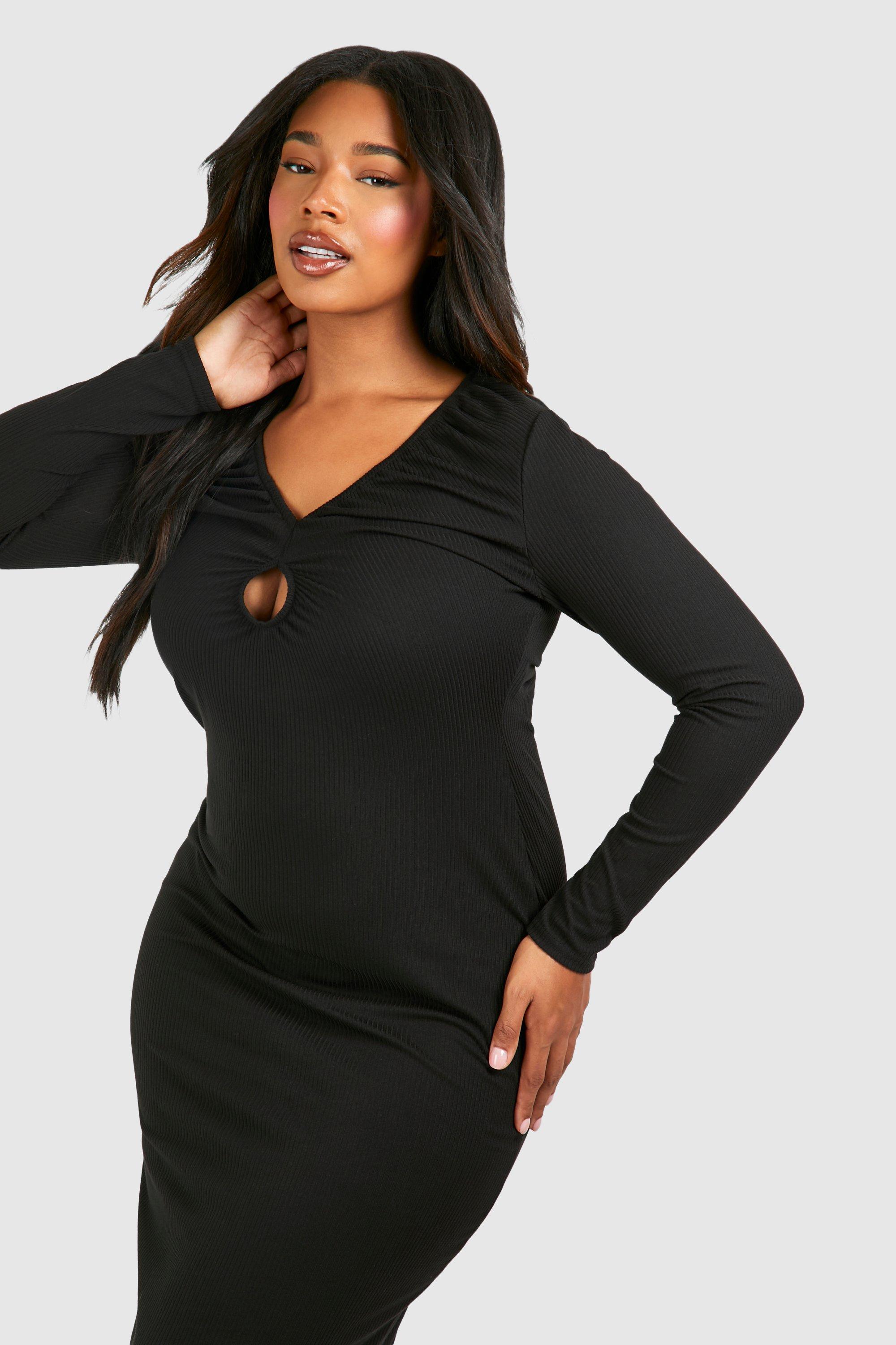 Plus Rib Key Hole Detail Long Sleeve Midi Dress boohoo
