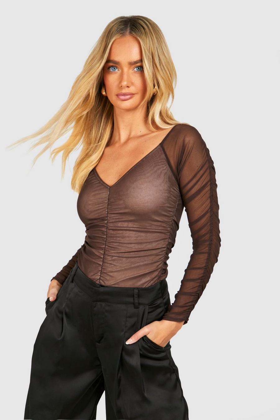 Chocolate Mesh Ruched Off The Shoulder Bodysuit   image number 1