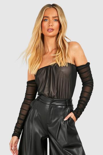 Black Mesh Ruched Off The Shoulder Bodysuit