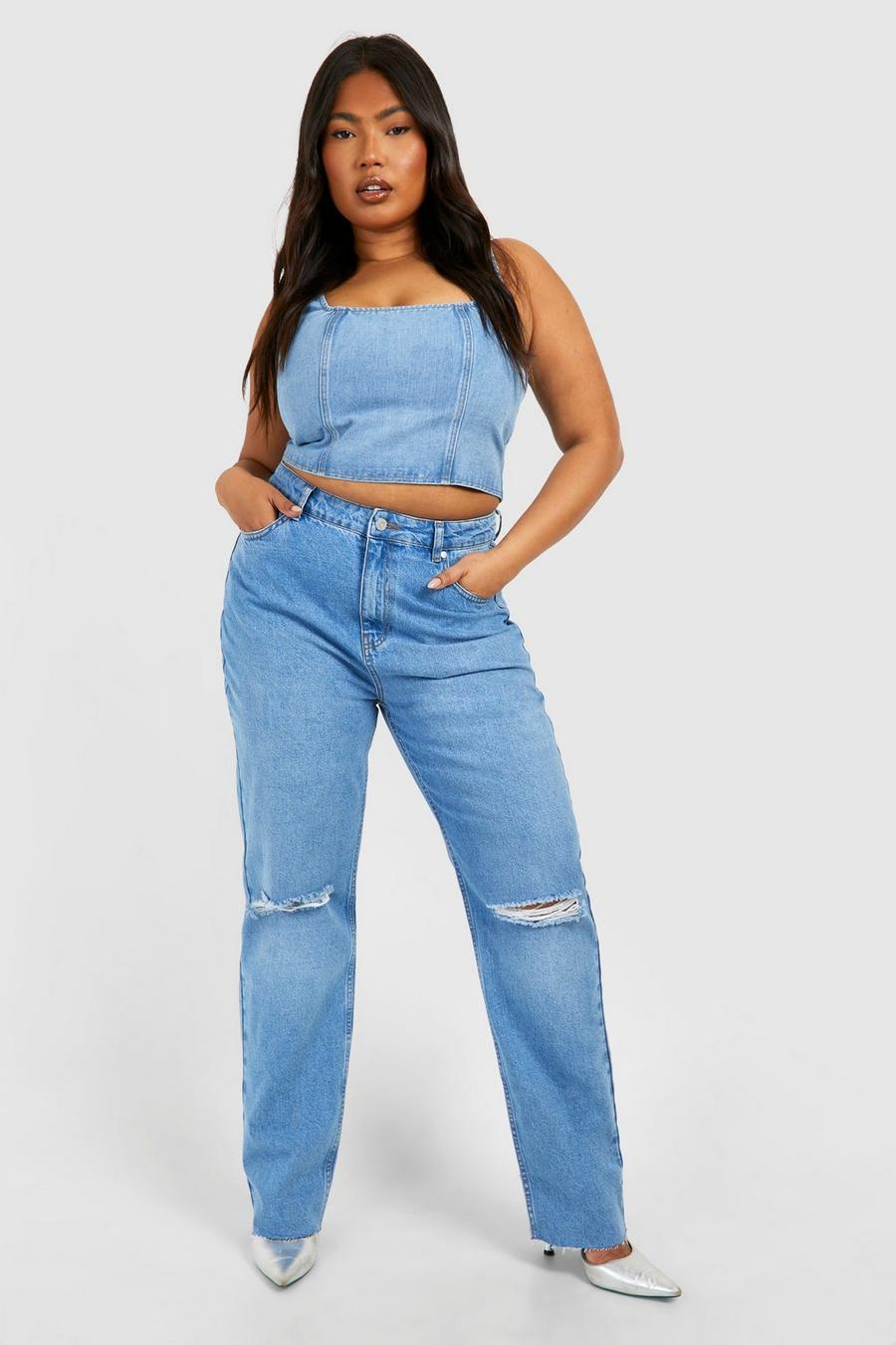Plus Light Wash Ripped Mom Jeans 