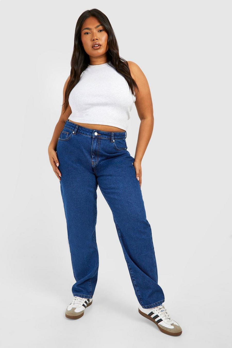 Mid blue Plus Mom jeans med ledig passform image number 1