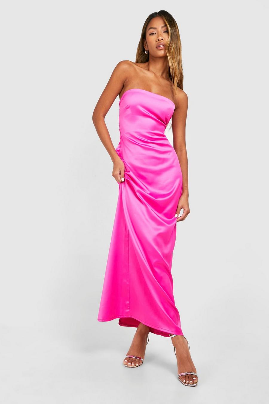 Magenta pink Denim Bandeau Split Front Midi Dress