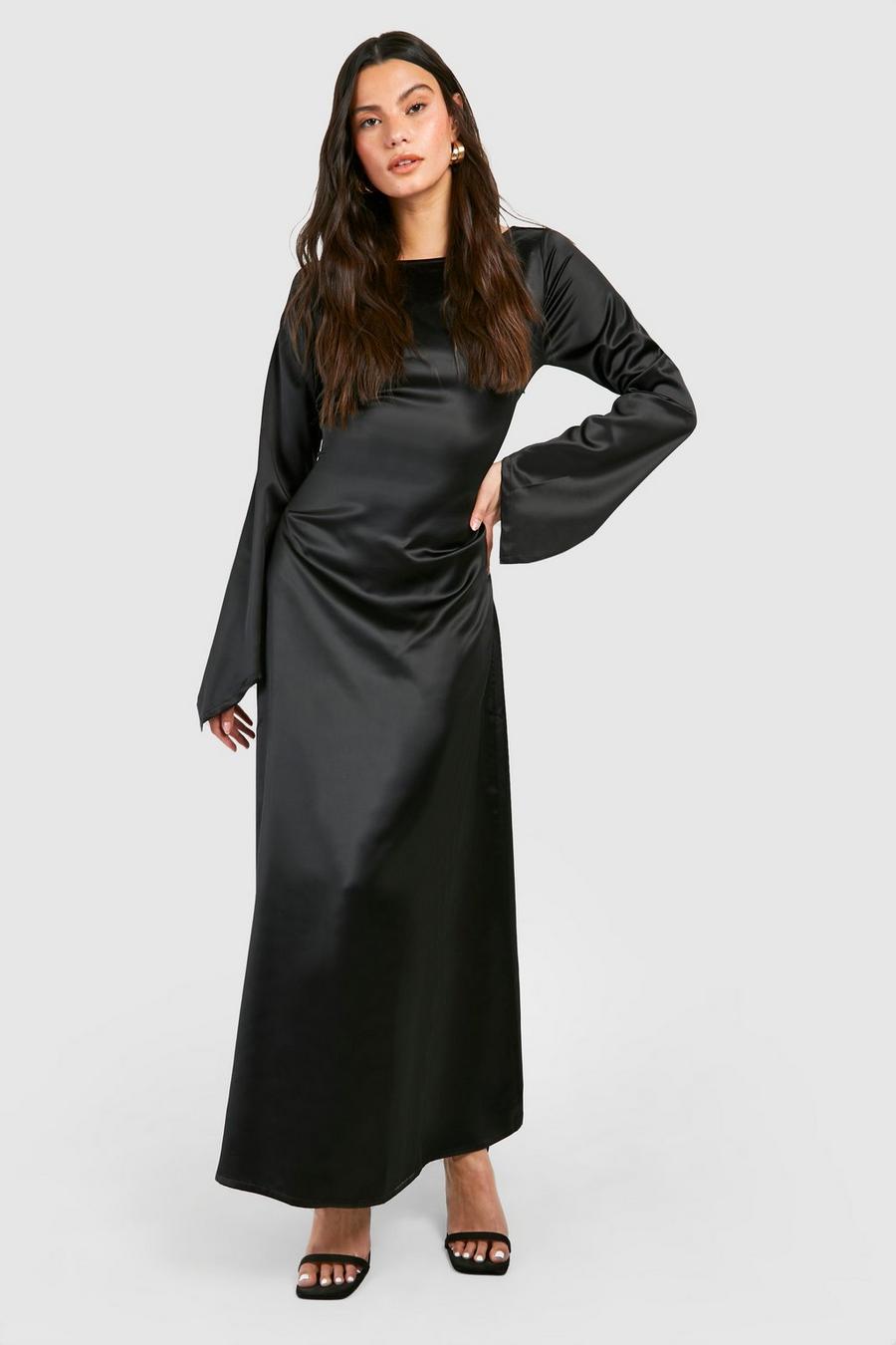Black Satin Flared Sleeve Maxi Dress