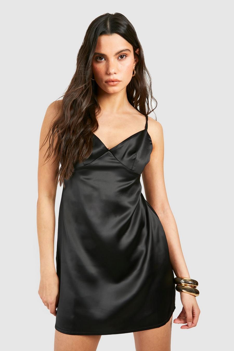 Black Satin Strappy Mini Dress