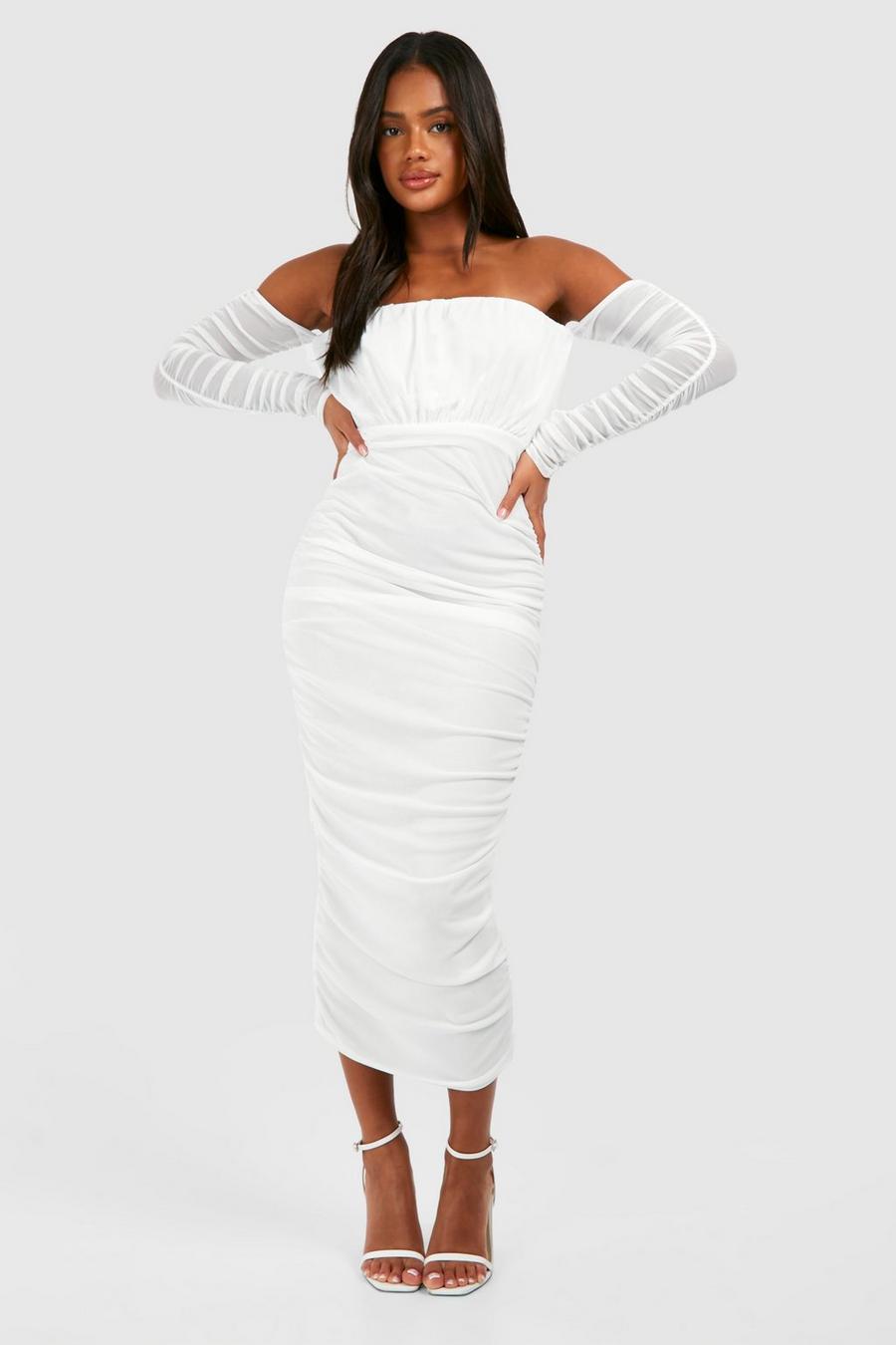 White bianco Bardot Rouched Mesh Midaxi Dress
