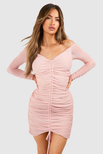 Rose Pink Off The Shoulder Rouched Mesh Mini Dress