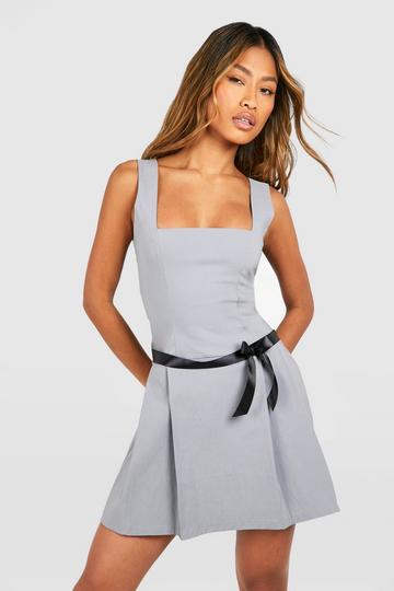 Bow Detail Bengaline Skater Pinafore Dress grey