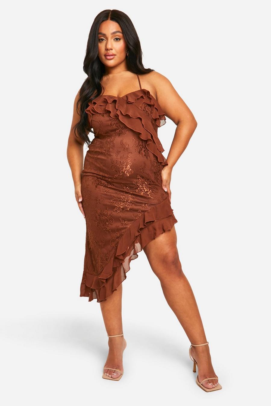 Chocolate Plus Lace Frill Asymmetric Midaxi Dress image number 1