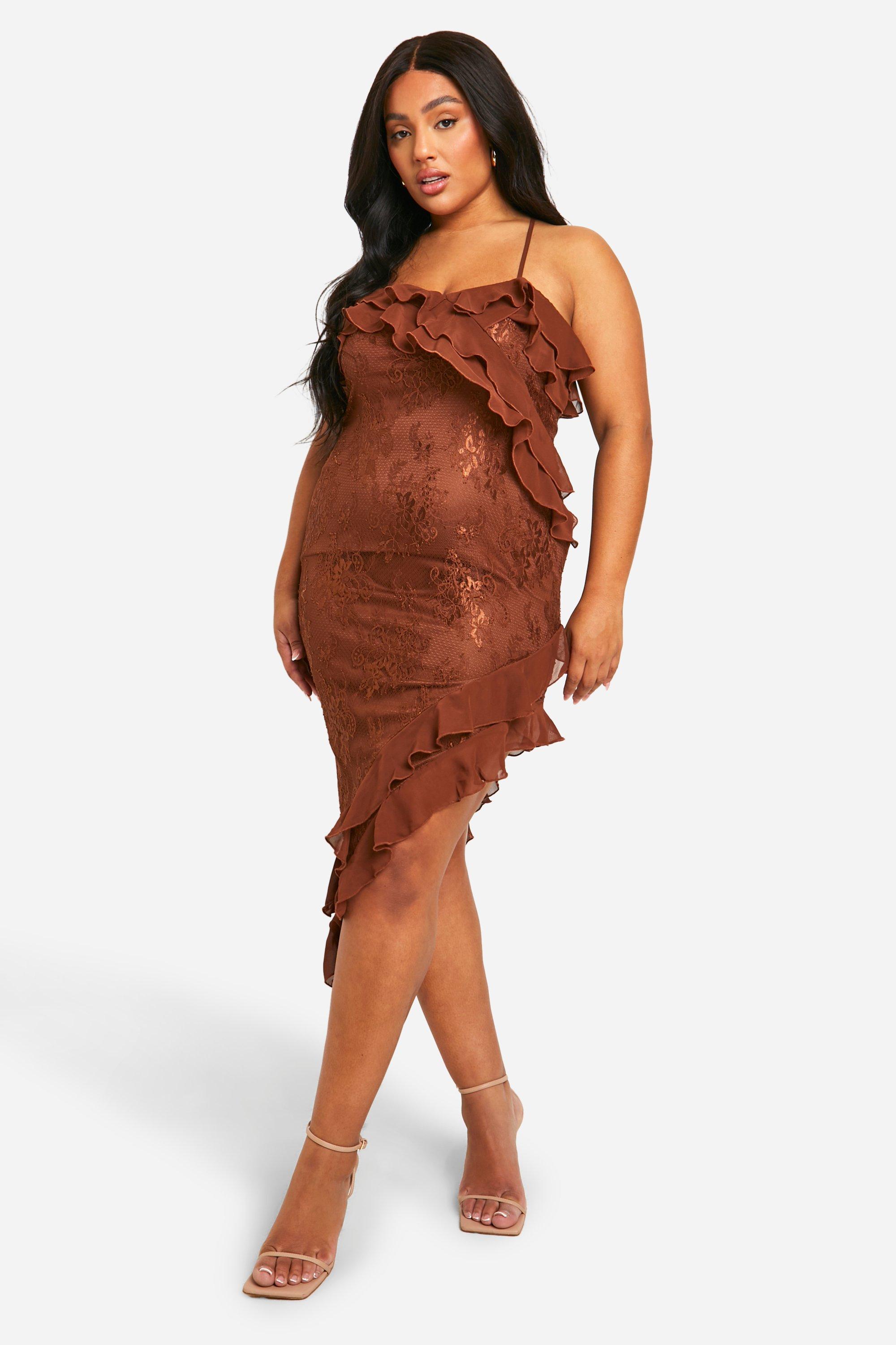 Plus Lace Frill Asymmetric Midi Dress | boohoo USA