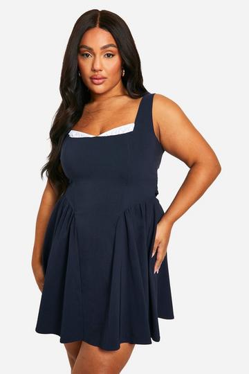 Plus Bengaline Milkmaid Mini Dress navy