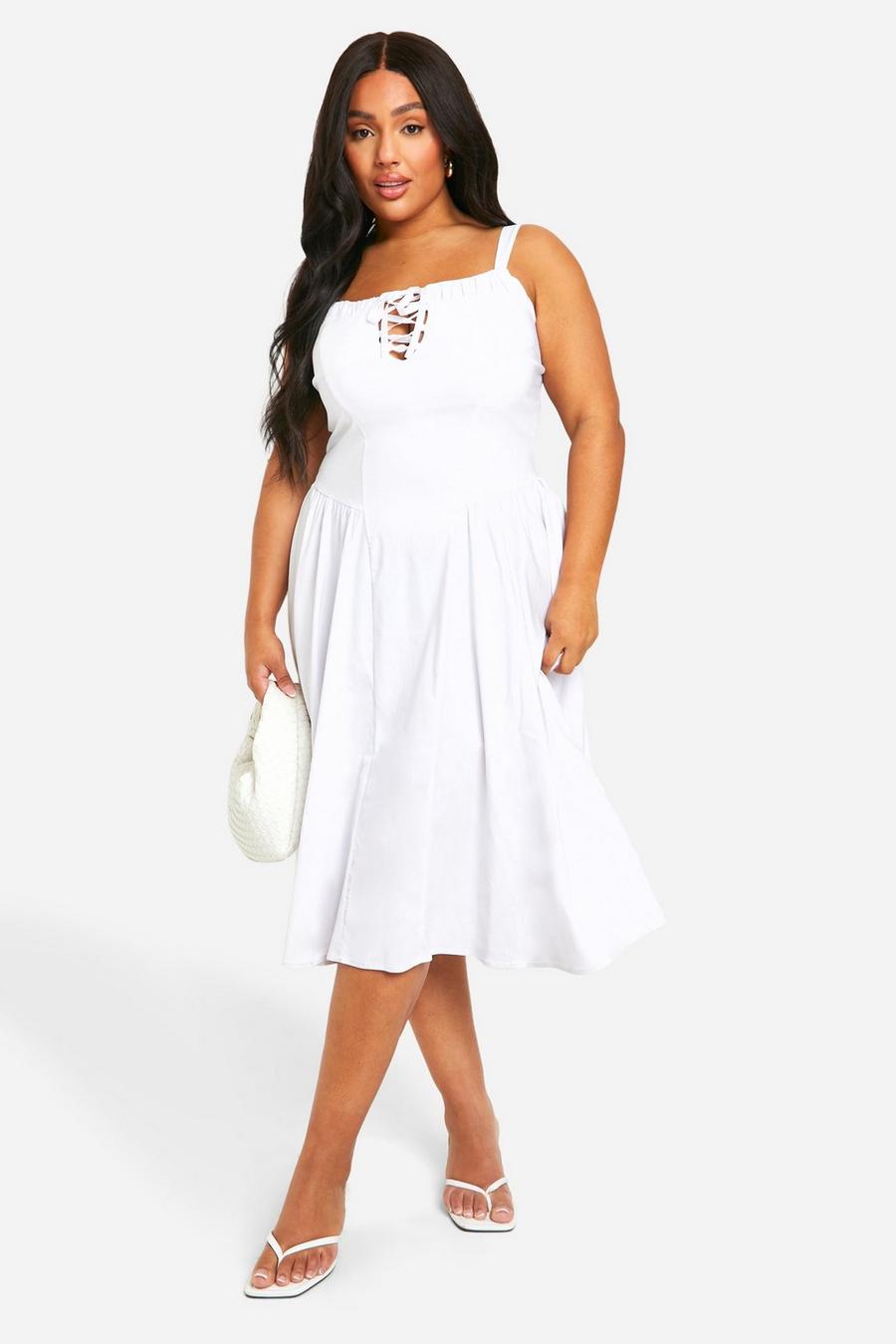 Vestito Milkmaid Plus Size in bengalina con laccetti, White