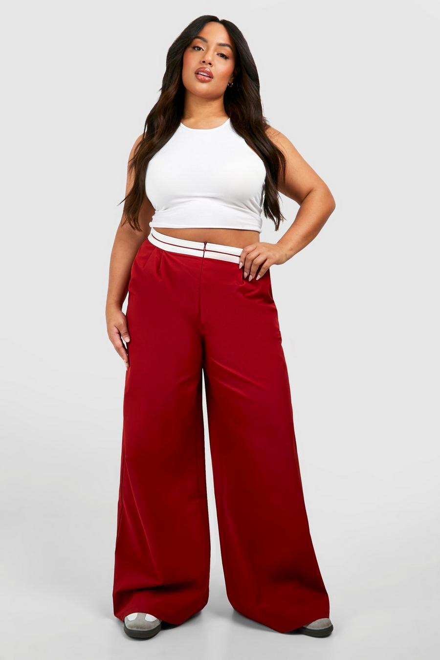 Pantalón Plus de pernera ancha y tela con cintura invertida, Cherry image number 1