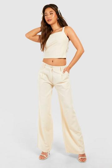 Sand Beige Pinstripe Wide Leg Trousers