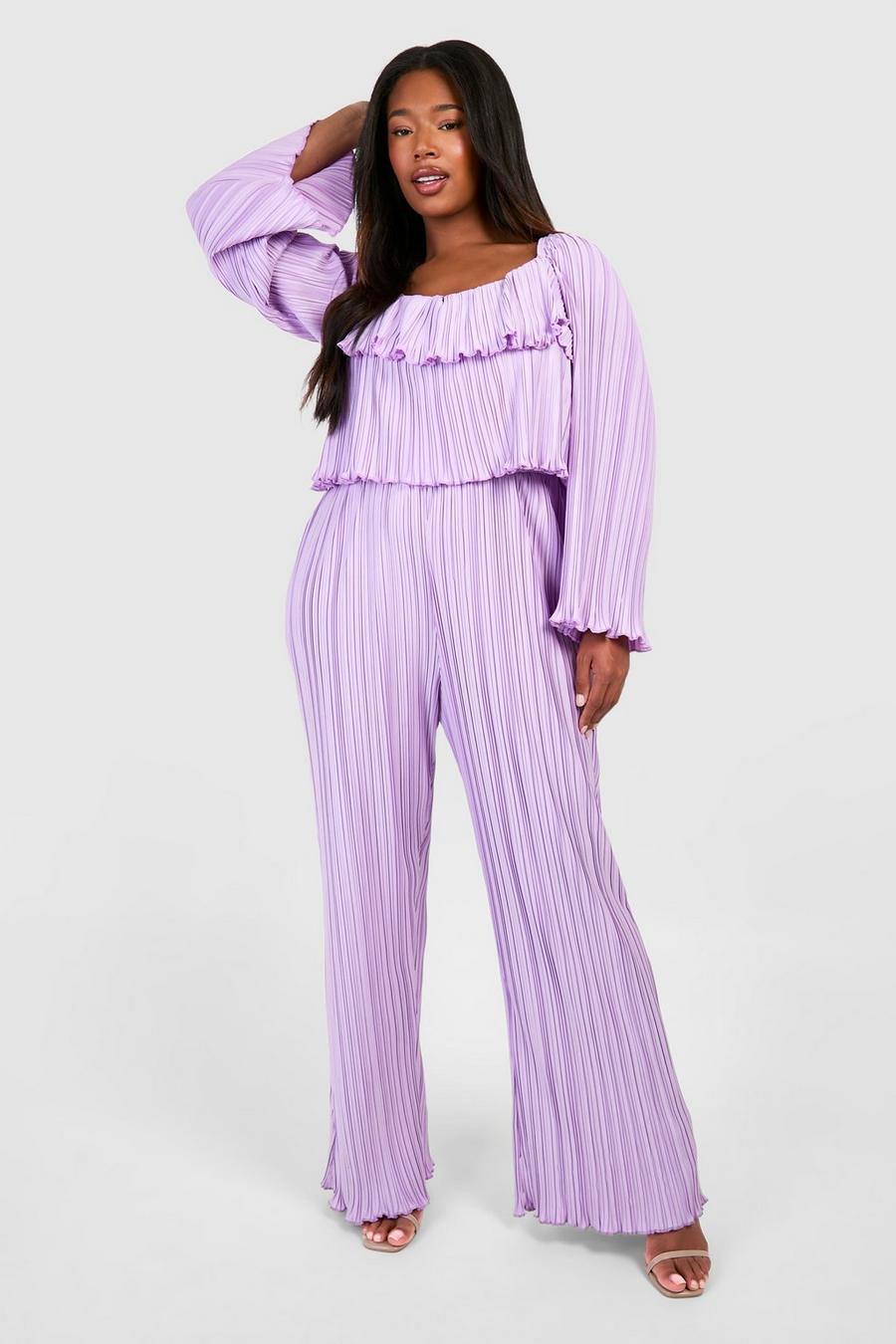Lilac Plus Plisserad jumpsuit med volanger och vida ben image number 1