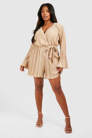 Champagne Beige Plus Plisse Wrap Belted Romper