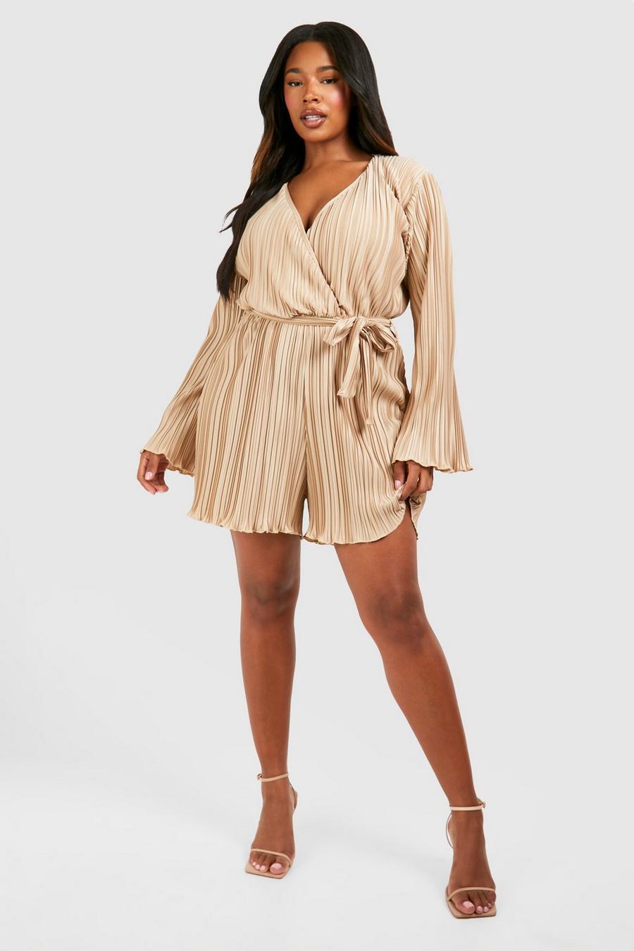 Champagne Plus Plisse Wrap Belted Playsuit  image number 1