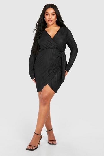 Plus Plisse Wrap Mini Dress black