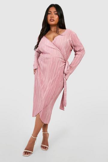 Rose Pink Plus Plisse Wrap Midi Dress