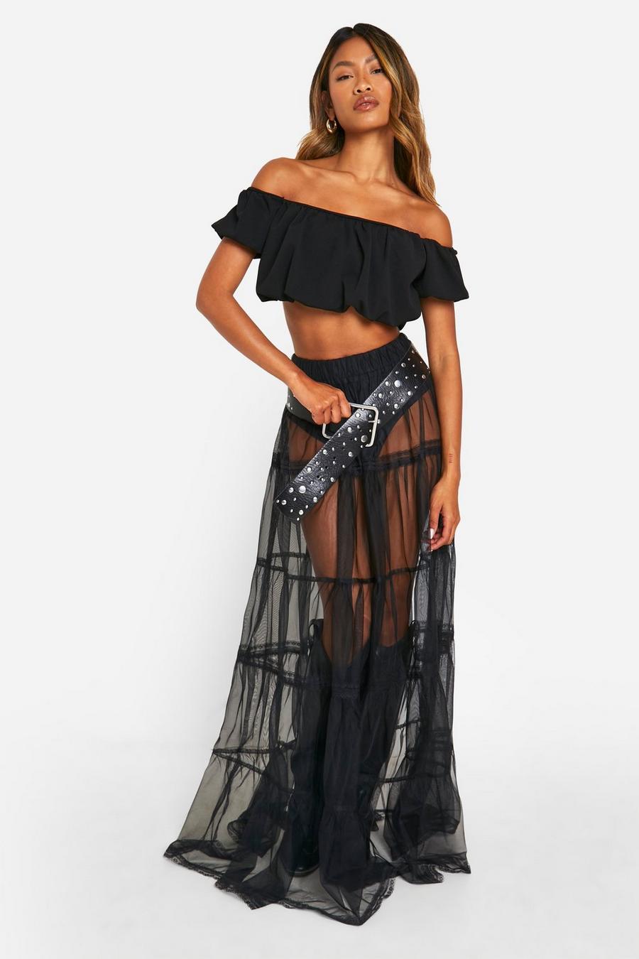 Gonna maxi in tulle e pizzo, Black image number 1
