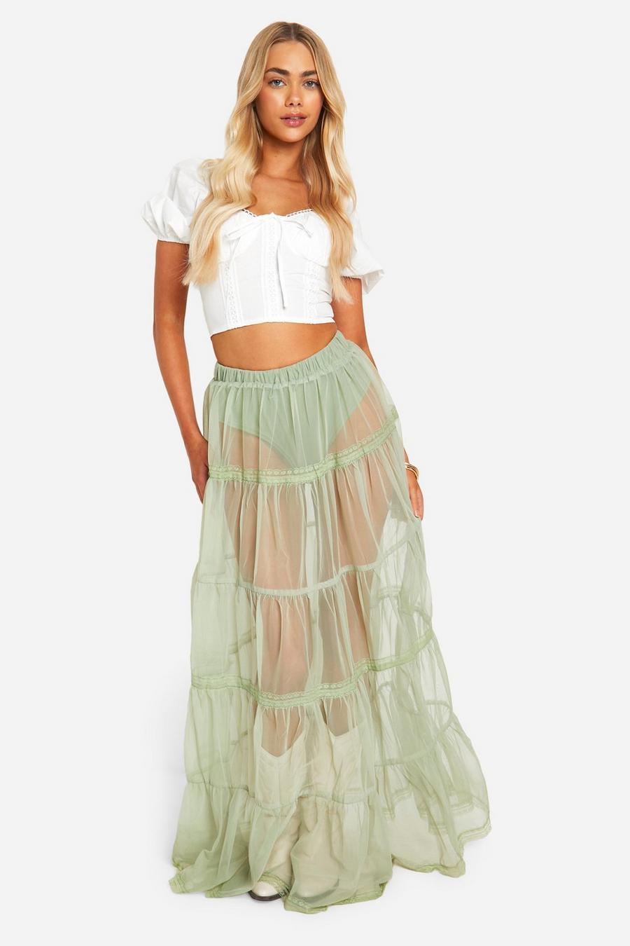 Sage Tulle Lace Maxi Skirt 
