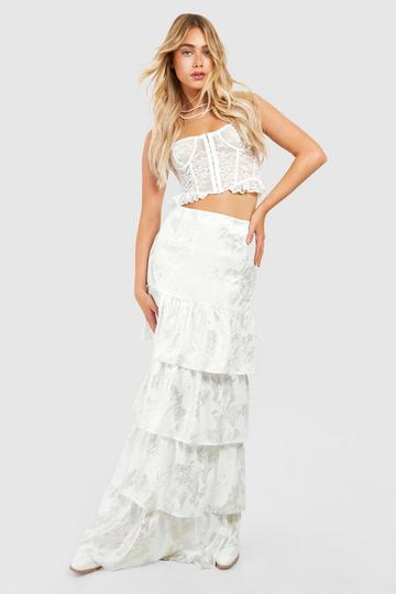 Metallic Printed Tiered Maxi Skirt white