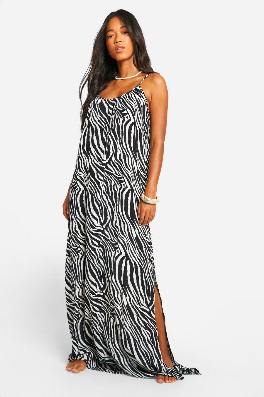 Zebra Cheesecloth Beach Maxi Dress, Black