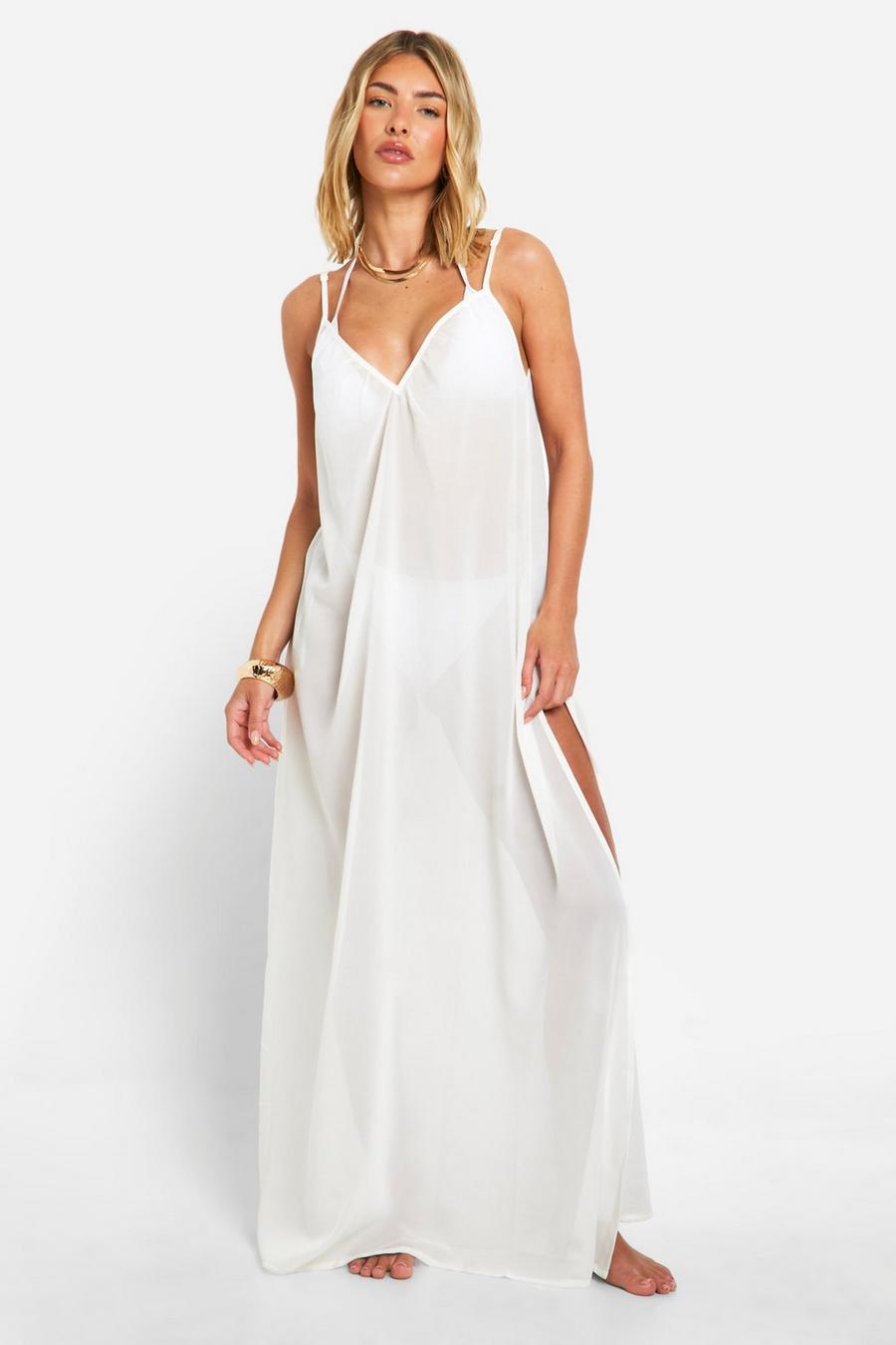 White Chiffon Strappy Beach Maxi Dress image number 1