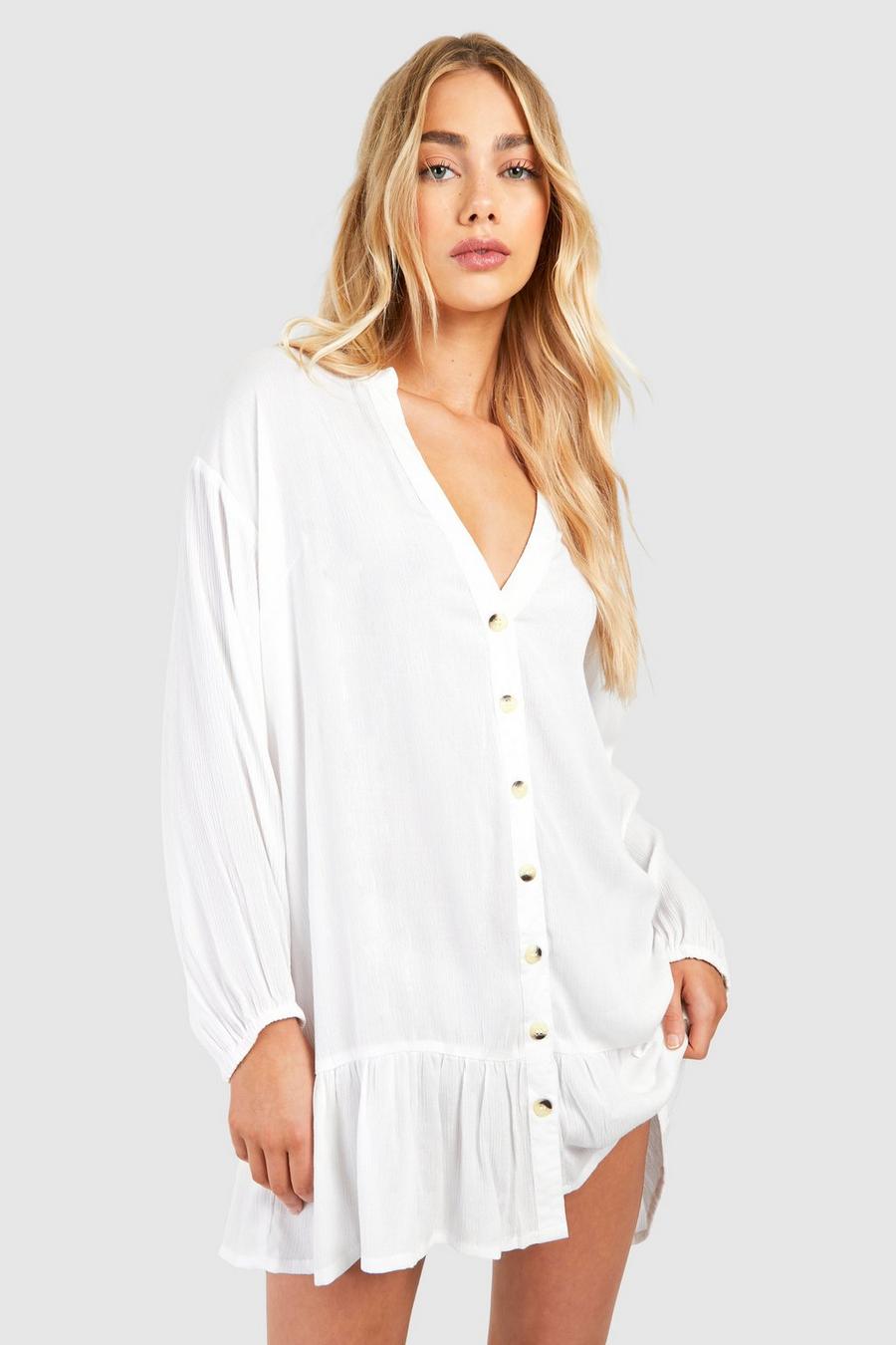 White Cheesecloth Button Beach Smock Dress image number 1