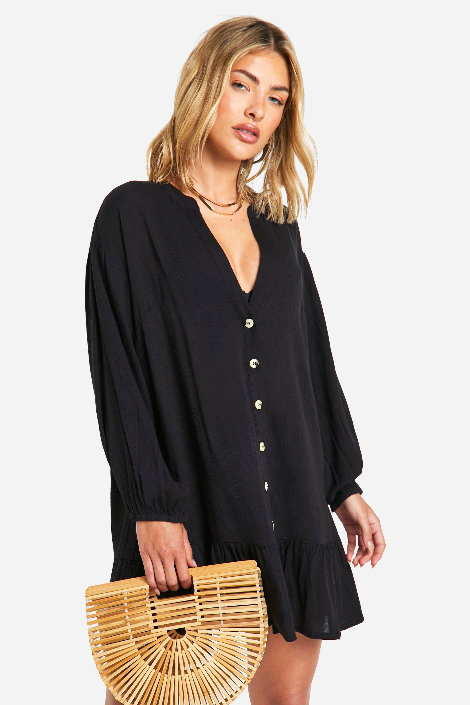 boohoo Cheesecloth Button Beach Smock Dress Black Size S