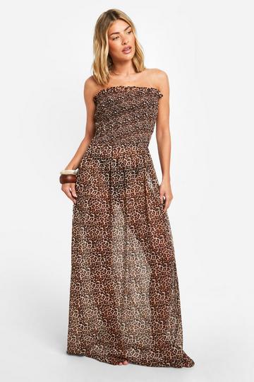 Multi Leopard Shirred Bandeau Beach Maxi Dress