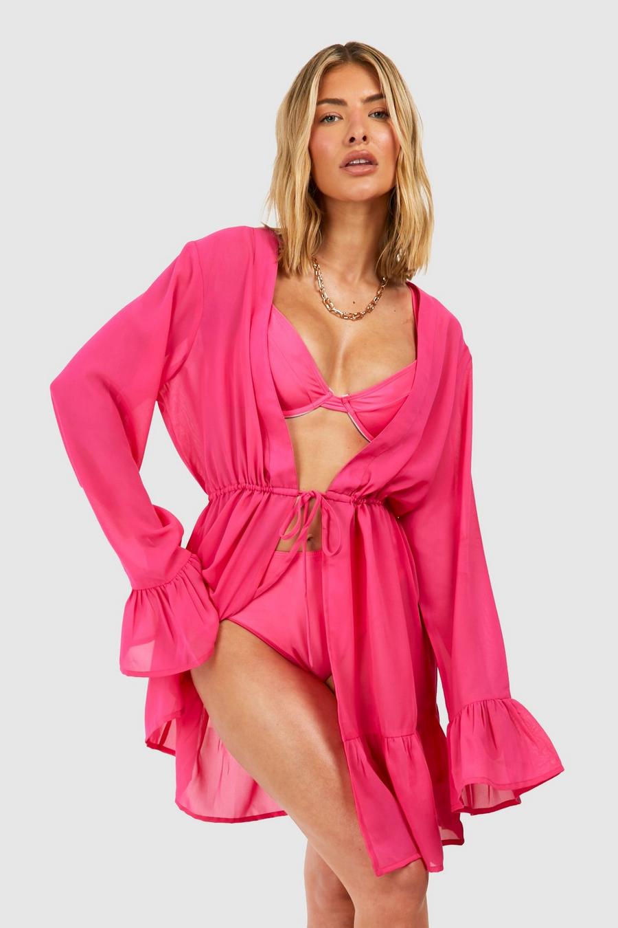 Hot pink Tie Front Tiered Cover-up Beach Kimono  image number 1