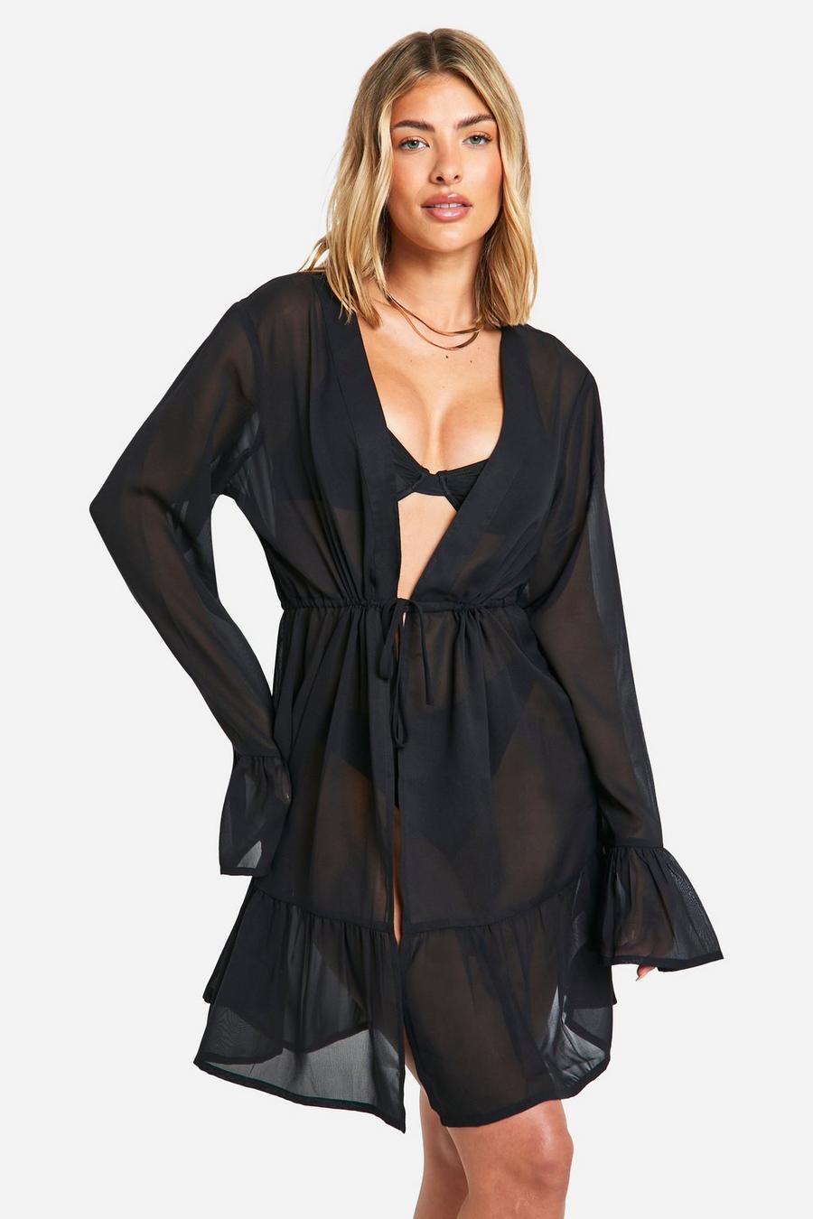 Black Tie Front Tiered Cover-up Beach Kimono  image number 1