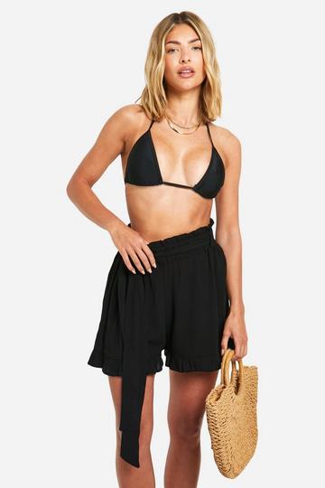 Black Cheesecloth Belted Beach Short