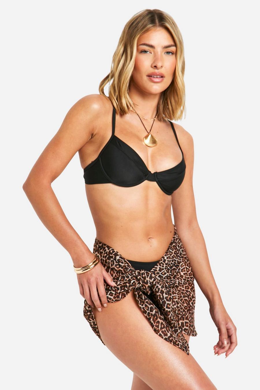 Pareo para la playa con atadura y estampado de leopardo, Leopard image number 1