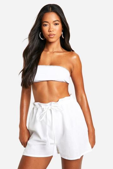 Linen Look Paper Bag Tassel Beach Shorts white